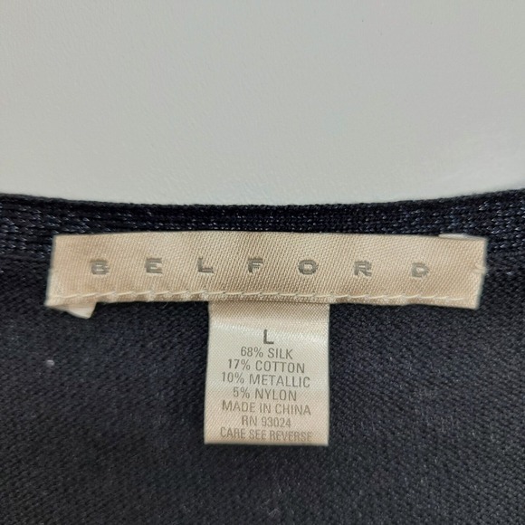 Belford Sweater Women Large Black Silk Cotton Metallic Short Sleeve V-Neck Knit‎ - Picture 3 of 9